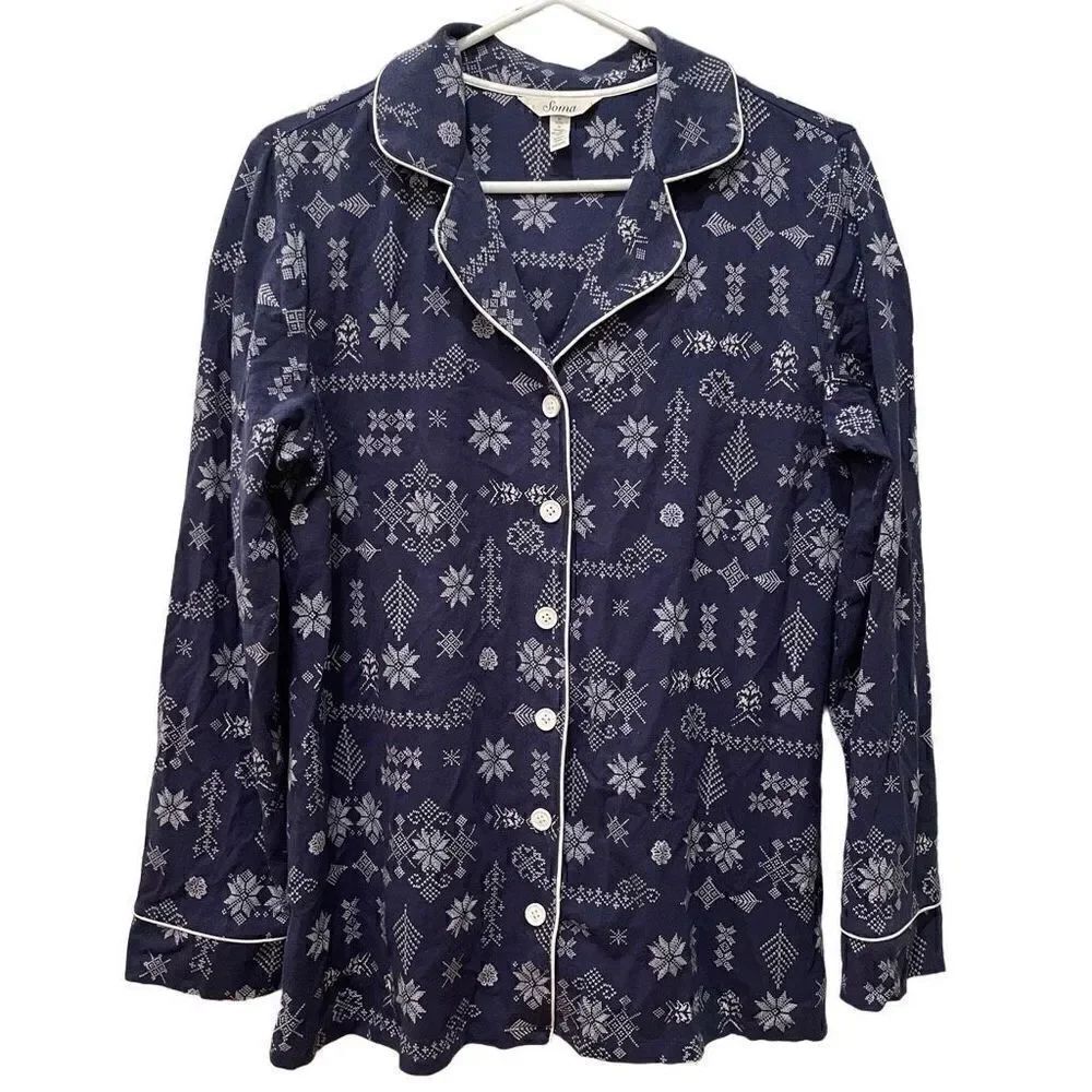 Soma Womens Sleep Shirt Pajama Top Blue Snowflake Sz M Long Sleeve Button